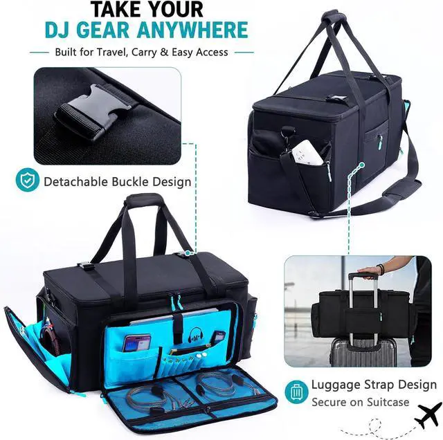 Alt view image 7 of 7 - Rolling DJ Cable Bag with Wheels-Large DJ Equipment Bag with 5 Cable Slots & 3 Removable Dividers, DJ Gig Bag with Laptop Compartment, Microphone Pockets, Travel DJ Gear Organizer for Mixer, Musicians