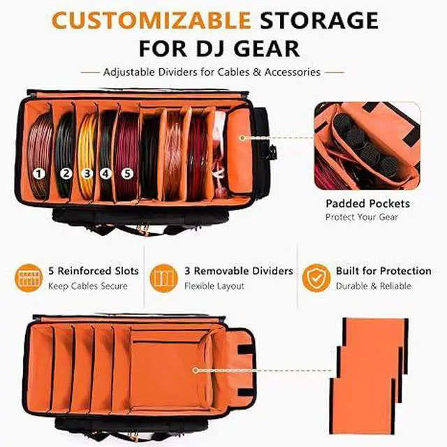 Alt view image 6 of 7 - DJ Cable Bag, Large DJ Equipment Bag with 5 Cable Slots & 3 Removable Dividers, DJ Gig Bag with Laptop Compartment, Microphone &Accessory Pockets Travel DJ Gear Organizer for Cables, Mixer, Musicians