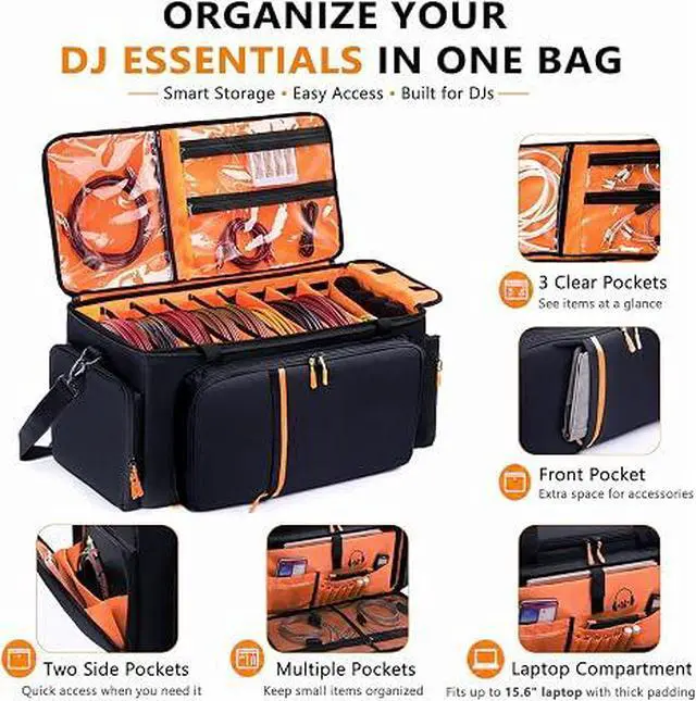 Alt view image 5 of 7 - DJ Cable Bag, Large DJ Equipment Bag with 5 Cable Slots & 3 Removable Dividers, DJ Gig Bag with Laptop Compartment, Microphone &Accessory Pockets Travel DJ Gear Organizer for Cables, Mixer, Musicians