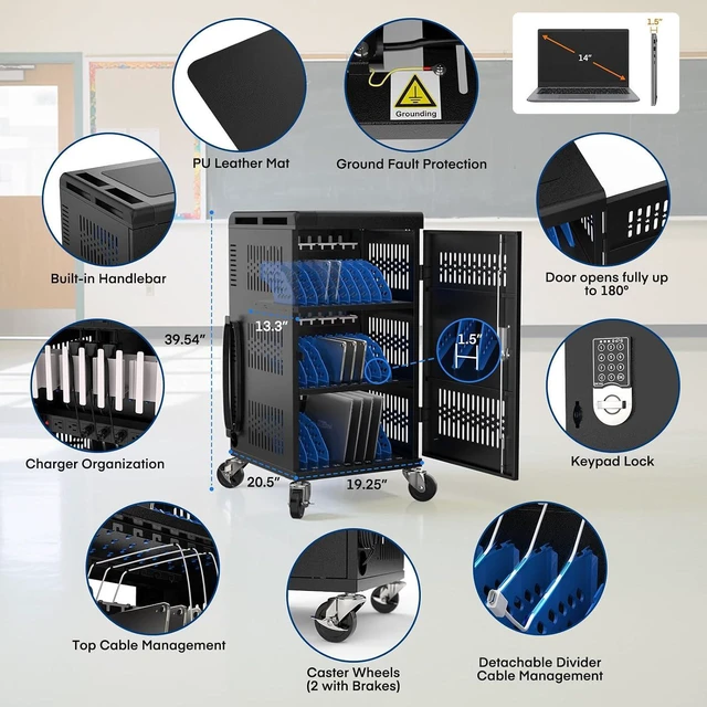 Alt view image 2 of 7 - 30 Device Laptop Charging Cart for Chromebook Storage - Classroom Charging Station for 30 Chromebook and Laptop Under 14 Inch Screen - Compact Mobile Charging and Storage Cart (Black)