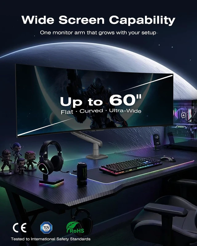 Alt view image 4 of 6 - Gaming Monitor Arm for Screen up to 60 inches, Holds 44 lbs(20 kg), VESA 75/100, RGB Light, Heavy Duty Monitor Stand, Aluminum Ultrawide Screen Mount Height Angle Adjustable Grey Black
