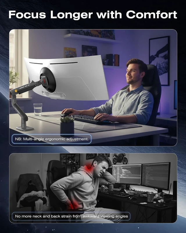 Alt view image 2 of 6 - Gaming Monitor Arm for Screen up to 60 inches, Holds 44 lbs(20 kg), VESA 75/100, RGB Light, Heavy Duty Monitor Stand, Aluminum Ultrawide Screen Mount Height Angle Adjustable Grey Black