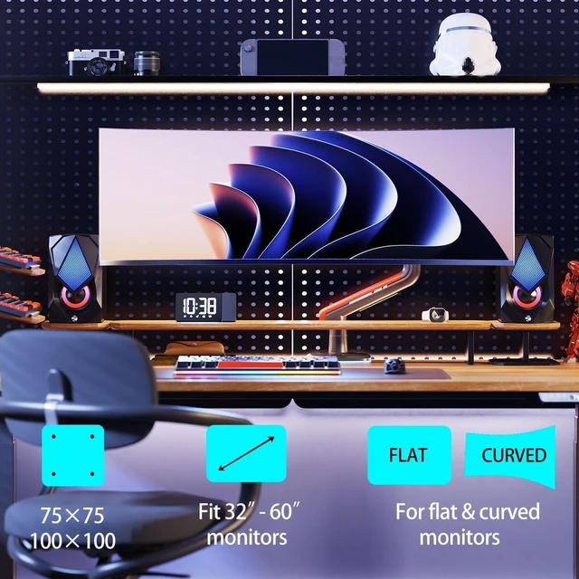 Alt view image 2 of 7 - Gaming Monitor Arm for Screen up to 60 inches, Holds 44 lbs(20 kg), VESA 75/100, RGB Light, Heavy Duty Monitor Stand, Aluminum Ultrawide Screen Mount Height Angle Adjustable Red