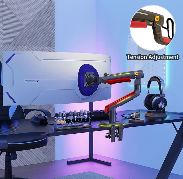 Alt view image 7 of 7 - Gaming Monitor Arm for Screen up to 60 inches, Holds 44 lbs(20 kg), VESA 75/100, RGB Light, Heavy Duty Monitor Stand, Aluminum Ultrawide Screen Mount Height Angle Adjustable Red