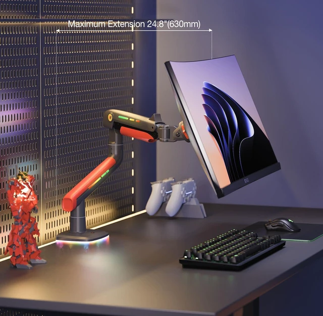 Alt view image 6 of 7 - Gaming Monitor Arm for Screen up to 60 inches, Holds 44 lbs(20 kg), VESA 75/100, RGB Light, Heavy Duty Monitor Stand, Aluminum Ultrawide Screen Mount Height Angle Adjustable Red