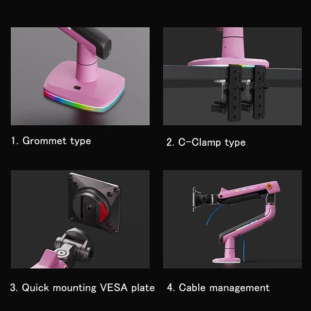 Alt view image 5 of 6 - Gaming Monitor Arm for Screen up to 60 inches, Holds 44 lbs(20 kg), VESA 75/100, RGB Light, Heavy Duty Monitor Stand, Aluminum Ultrawide Screen Mount Height Angle Adjustable Pink