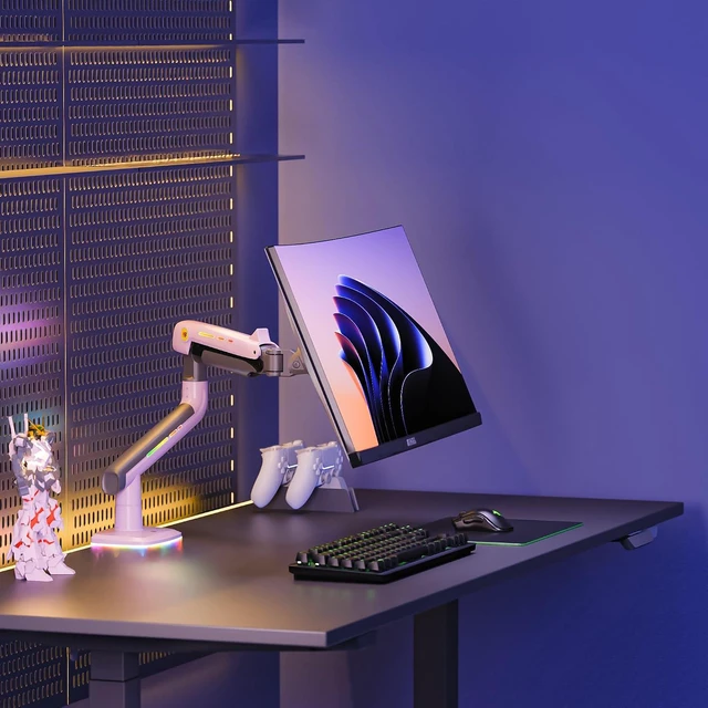Alt view image 6 of 6 - Gaming Monitor Arm for Screen up to 60 inches, Holds 44 lbs(20 kg), VESA 75/100, RGB Light, Heavy Duty Monitor Stand, Aluminum Ultrawide Screen Mount Height Angle Adjustable Pink