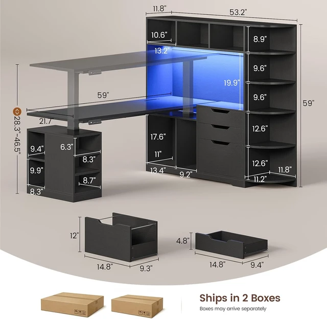 Alt view image 6 of 7 - 59" L Shaped Standing Desk with 3 Drawers Storage and Bookshelves, Office Stand Up Corner Desk with Hutch and Open Shelves, LED Light and Power Outlet for Work, Writing, Study & Gaming - Black