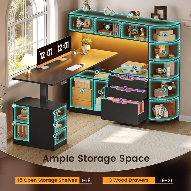 Alt view image 2 of 7 - 59" L Shaped Standing Desk with 3 Drawers Storage and Bookshelves, Office Stand Up Corner Desk with Hutch and Open Shelves, LED Light and Power Outlet for Work, Writing, Study & Gaming - Black