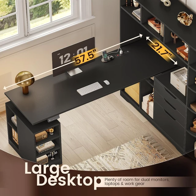Alt view image 4 of 7 - 59" L Shaped Standing Desk with 3 Drawers Storage and Bookshelves, Office Stand Up Corner Desk with Hutch and Open Shelves, LED Light and Power Outlet for Work, Writing, Study & Gaming - Black