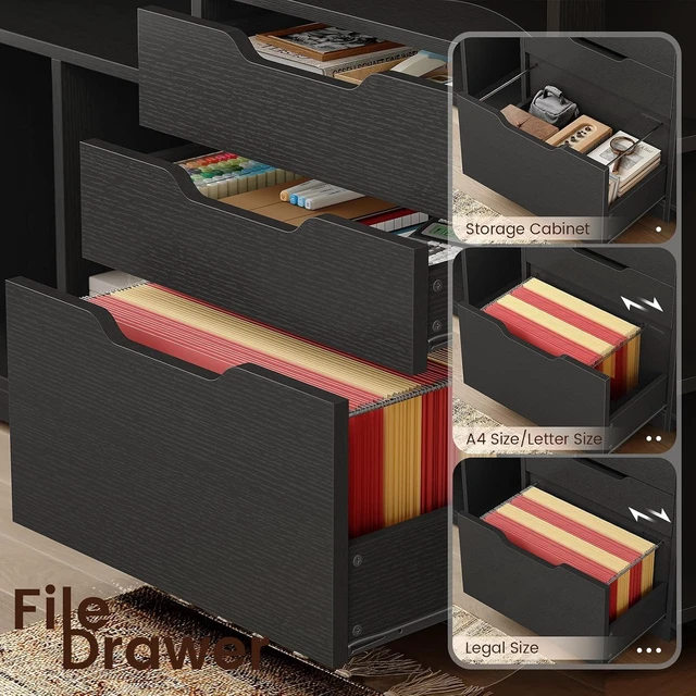 Alt view image 3 of 7 - 59" L Shaped Standing Desk with 3 Drawers Storage and Bookshelves, Office Stand Up Corner Desk with Hutch and Open Shelves, LED Light and Power Outlet for Work, Writing, Study & Gaming - Black