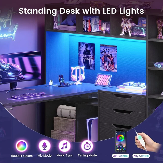 Alt view image 7 of 7 - 59" L Shaped Standing Desk with 3 Drawers Storage and Bookshelves, Office Stand Up Corner Desk with Hutch and Open Shelves, LED Light and Power Outlet for Work, Writing, Study & Gaming - Black