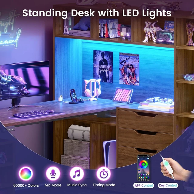 Alt view image 5 of 7 - 59" L Shaped Standing Desk with 3 Drawers Storage and Bookshelves, Office Stand Up Corner Desk with Hutch and Open Shelves, LED Light and Power Outlet for Work, Writing, Study & Gaming - Brown