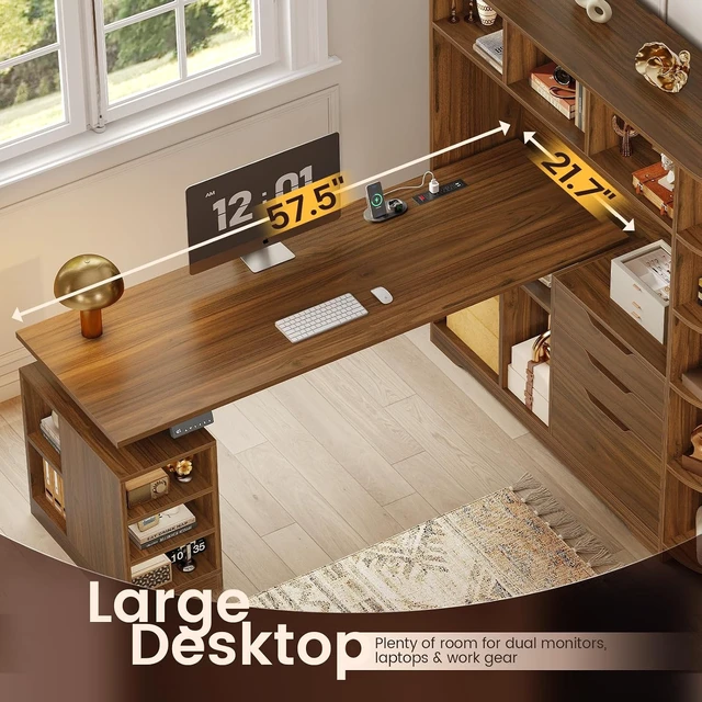 Alt view image 3 of 7 - 59" L Shaped Standing Desk with 3 Drawers Storage and Bookshelves, Office Stand Up Corner Desk with Hutch and Open Shelves, LED Light and Power Outlet for Work, Writing, Study & Gaming - Brown
