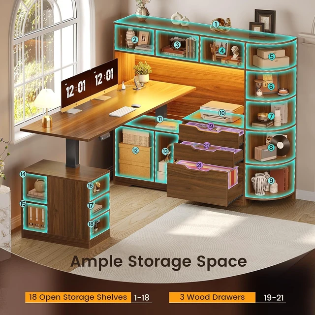 Alt view image 4 of 7 - 59" L Shaped Standing Desk with 3 Drawers Storage and Bookshelves, Office Stand Up Corner Desk with Hutch and Open Shelves, LED Light and Power Outlet for Work, Writing, Study & Gaming - Brown