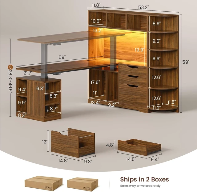 Alt view image 6 of 7 - 59" L Shaped Standing Desk with 3 Drawers Storage and Bookshelves, Office Stand Up Corner Desk with Hutch and Open Shelves, LED Light and Power Outlet for Work, Writing, Study & Gaming - Brown