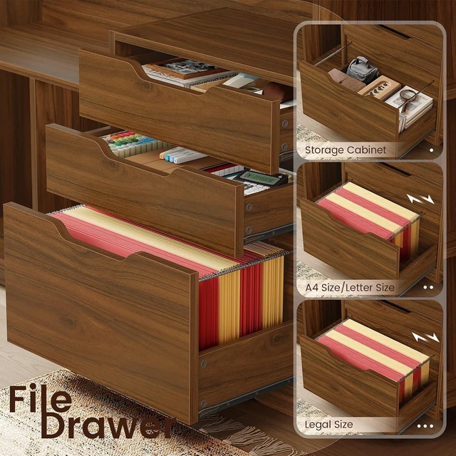 Alt view image 2 of 7 - 59" L Shaped Standing Desk with 3 Drawers Storage and Bookshelves, Office Stand Up Corner Desk with Hutch and Open Shelves, LED Light and Power Outlet for Work, Writing, Study & Gaming - Brown