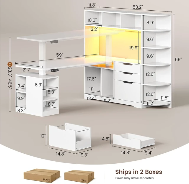 Alt view image 5 of 7 - 59" L Shaped Standing Desk with 3 Drawers Storage and Bookshelves, Office Stand Up Corner Desk with Hutch and Open Shelves, LED Light and Power Outlet for Work, Writing, Study & Gaming - White