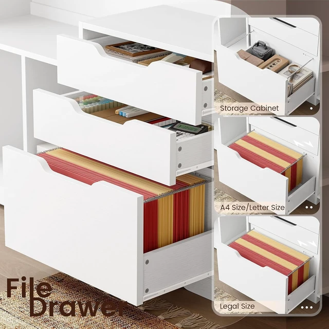 Alt view image 3 of 7 - 59" L Shaped Standing Desk with 3 Drawers Storage and Bookshelves, Office Stand Up Corner Desk with Hutch and Open Shelves, LED Light and Power Outlet for Work, Writing, Study & Gaming - White
