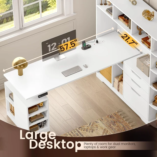 Alt view image 2 of 7 - 59" L Shaped Standing Desk with 3 Drawers Storage and Bookshelves, Office Stand Up Corner Desk with Hutch and Open Shelves, LED Light and Power Outlet for Work, Writing, Study & Gaming - White