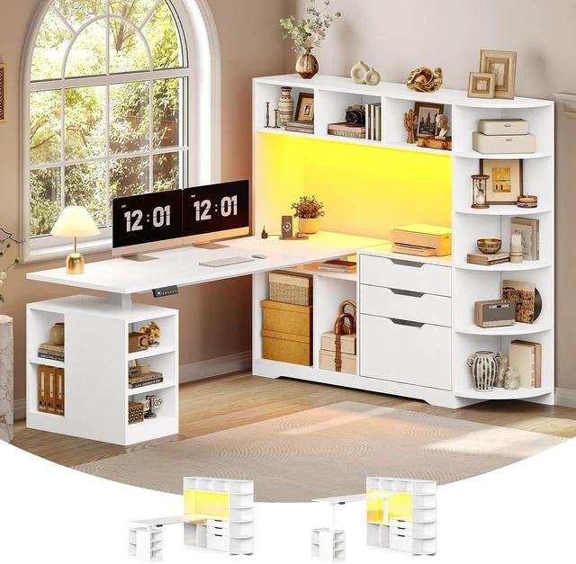 Main image of 59" L Shaped Standing Desk with 3 Drawers Storage and Bookshelves, Office Stand Up Corner Desk with Hutch and Open Shelves, LED Light and Power Outlet for Work, Writing, Study & Gaming - White