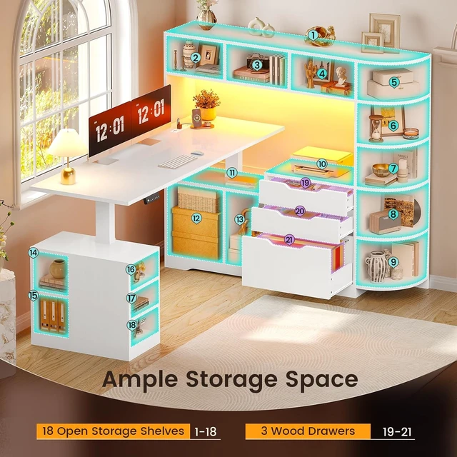 Alt view image 6 of 7 - 59" L Shaped Standing Desk with 3 Drawers Storage and Bookshelves, Office Stand Up Corner Desk with Hutch and Open Shelves, LED Light and Power Outlet for Work, Writing, Study & Gaming - White
