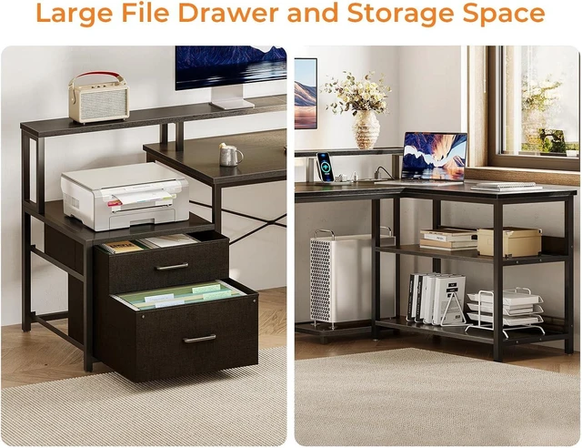 Alt view image 4 of 7 - 75" L Shaped Desk with File Drawers, Work from Home Office Desk with Power Outlet, Reversible Computer Desk with Storage Shelves, Gaming Desk with Monitor Shelf, Corner WFM Table, Black