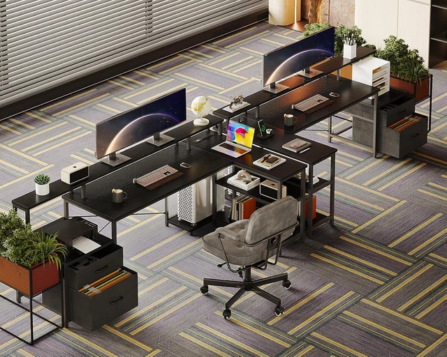 Alt view image 3 of 7 - 75" L Shaped Desk with File Drawers, Work from Home Office Desk with Power Outlet, Reversible Computer Desk with Storage Shelves, Gaming Desk with Monitor Shelf, Corner WFM Table, Black