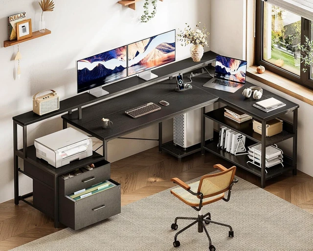 Alt view image 6 of 7 - 75" L Shaped Desk with File Drawers, Work from Home Office Desk with Power Outlet, Reversible Computer Desk with Storage Shelves, Gaming Desk with Monitor Shelf, Corner WFM Table, Black