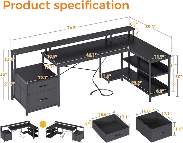Alt view image 2 of 7 - 75" L Shaped Desk with File Drawers, Work from Home Office Desk with Power Outlet, Reversible Computer Desk with Storage Shelves, Gaming Desk with Monitor Shelf, Corner WFM Table, Black