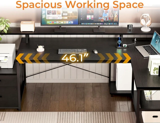 Alt view image 5 of 7 - 75" L Shaped Desk with File Drawers, Work from Home Office Desk with Power Outlet, Reversible Computer Desk with Storage Shelves, Gaming Desk with Monitor Shelf, Corner WFM Table, Black