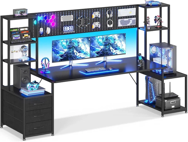 Main image of 79 Inch Gaming Desk with Shelves & DIY Pegboard, PC Desk with Drawers, Large Computer Desk with LED Lights & Storage Shelf, Ultra-Wide Gamer Workstation, Black, Carbon Fiber Surface