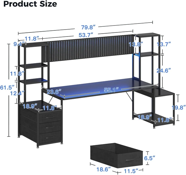 Alt view image 2 of 7 - 79 Inch Gaming Desk with Shelves & DIY Pegboard, PC Desk with Drawers, Large Computer Desk with LED Lights & Storage Shelf, Ultra-Wide Gamer Workstation, Black, Carbon Fiber Surface