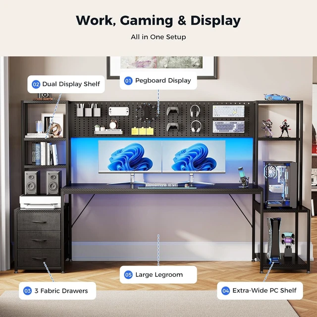 Alt view image 3 of 7 - 79 Inch Gaming Desk with Shelves & DIY Pegboard, PC Desk with Drawers, Large Computer Desk with LED Lights & Storage Shelf, Ultra-Wide Gamer Workstation, Black, Carbon Fiber Surface