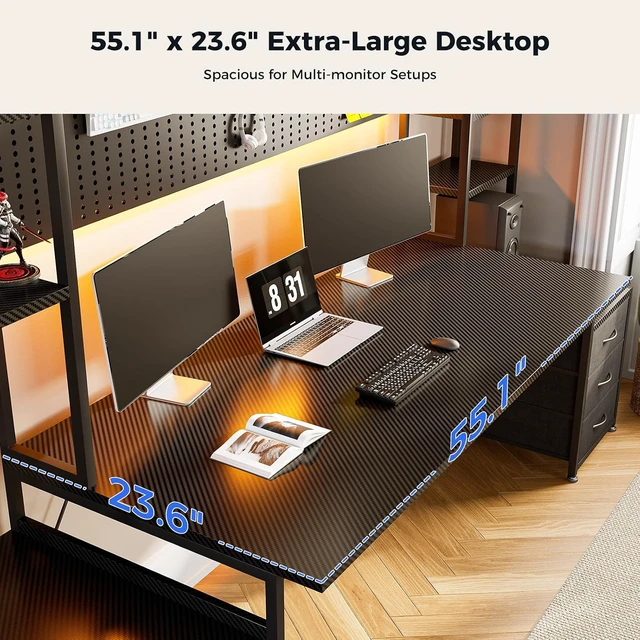 Alt view image 4 of 7 - 79 Inch Gaming Desk with Shelves & DIY Pegboard, PC Desk with Drawers, Large Computer Desk with LED Lights & Storage Shelf, Ultra-Wide Gamer Workstation, Black, Carbon Fiber Surface
