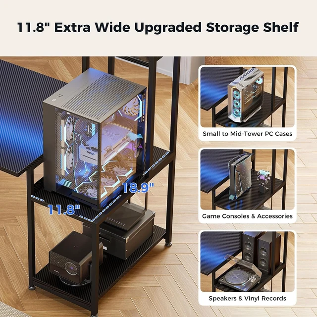 Alt view image 5 of 7 - 79 Inch Gaming Desk with Shelves & DIY Pegboard, PC Desk with Drawers, Large Computer Desk with LED Lights & Storage Shelf, Ultra-Wide Gamer Workstation, Black, Carbon Fiber Surface