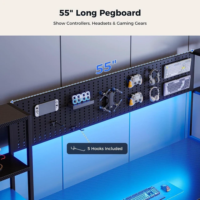 Alt view image 6 of 7 - 79 Inch Gaming Desk with Shelves & DIY Pegboard, PC Desk with Drawers, Large Computer Desk with LED Lights & Storage Shelf, Ultra-Wide Gamer Workstation, Black, Carbon Fiber Surface