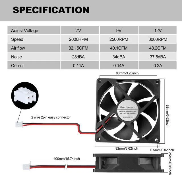 Alt view image 5 of 5 - 92mm 90mm 12V DC Moisture-Proof Fan High Airflow 12V 9025 2 Pin 2 Wire Small Square Exhaust Fan 3000RPM 2-Pack Black