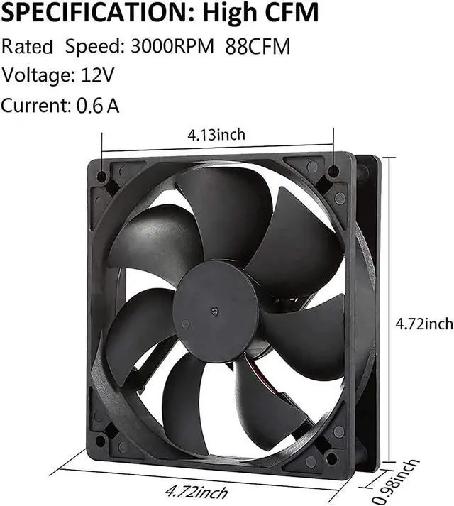 Alt view image 3 of 5 - 12V Moisture-Proof Fan 120mm 2-Pack High Speed 12 Volt 2 Wire 3 Pin Exhaust Cooling Fan 3000RPM