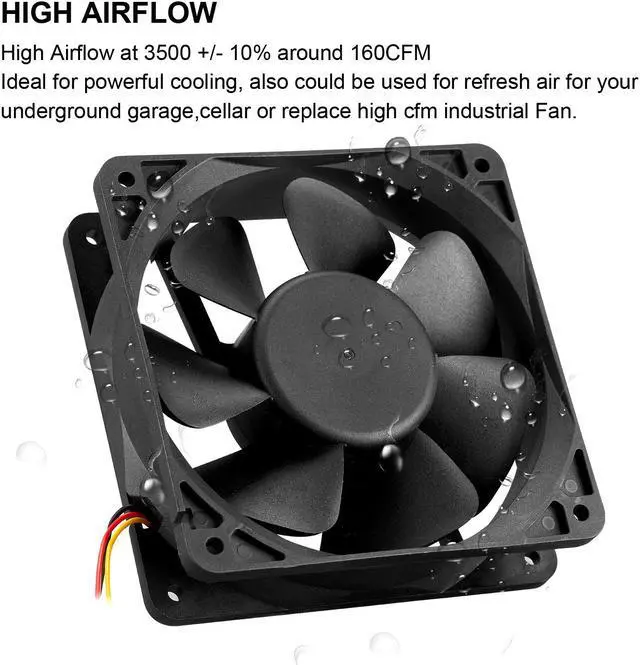 Alt view image 3 of 6 - 120mm 12V Seal IP65 Waterproof Fan High Speed 12V DC 120mm 3 Pin Ventilation Cooling Fan 3500RPM
