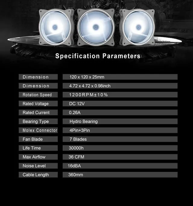 Alt view image 4 of 7 - 120mm Computer PC Cooling Fan White LED Game Case Cooler Fan Quiet 12V Computer PC Fan with Triple Light Loop 3-Pack
