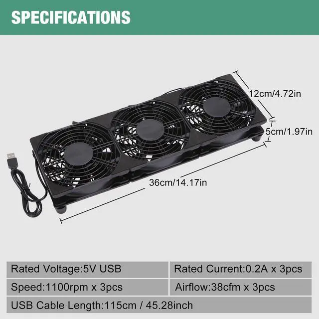 Alt view image 5 of 7 - 3x120mm 360mm 5V USB Powered Cooling Fan for Router Rack DIY Audio Video Network Cabinet Server Cooling Projects and Equipment Workstation Mining Machine Laptop Cooling Fan Stand