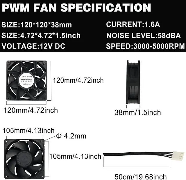 Alt view image 2 of 5 - 2-Pack 120mm 12V DC 12038 120mm x 38mm 4.72inch High Speed Dual Ball Bearing 4Pin Antminer Fan PWM High CFM Brushless PC Computer CPU Case Ventilation Exhaust Fan with Metal Guard Grill 3000-5000RPM