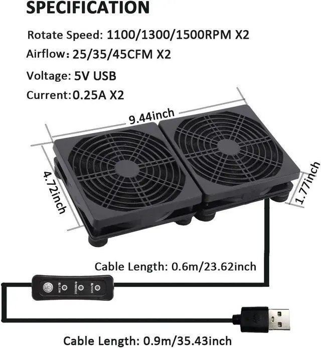 Alt view image 4 of 5 - 120mm 5V Dual USB Powered PC Router Fans with Speed Controller USB High Airflow Cooling Fan for Router Modem Receiver DVR Playstation TV Box