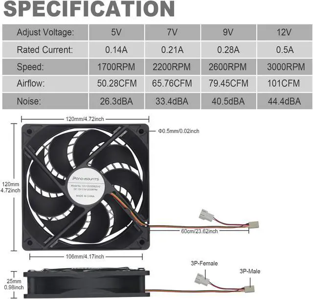 Alt view image 2 of 4 - 3-Pack 120mm 12V DC High Airflow Computer PC Case Fan 120x120x25mm 3Pin 4.72inch Dual Ball Bearing Brushless Exhaust Cooling Fan for Mining Rig Frame Rack Air Miner PSU with Metal Guard 3000RPM