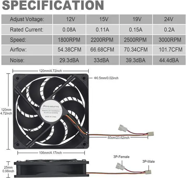 Alt view image 2 of 4 - 3-Pack 120mm 24V DC High Airflow Computer PC Case Fan 120x120x25mm 3Pin 4.72inch Dual Ball Bearing Brushless Exhaust Cooling Fan for Mining Rig Frame Rack Air Miner PSU with Metal Guard 3000RPM