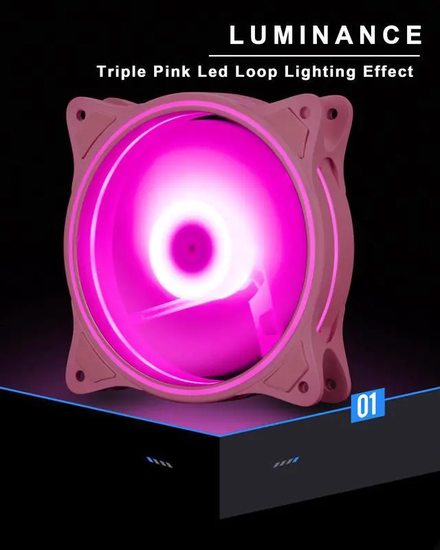 Alt view image 2 of 7 - 120mm Computer PC Cooling Fan Pink LED Case Cooler Fan Quiet 12V Computer PC Fan with Triple Light Loop 3-Pack
