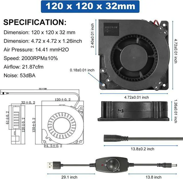 Alt view image 3 of 6 - PANO-MOUNTS 120mm 5V USB Powered Blower Fan with Speed Controller 120mm x 32mm 4.72inch Moisture-Proof Brushless Cooling Fan for Inflatables Refrigerator 1300-2000RPM