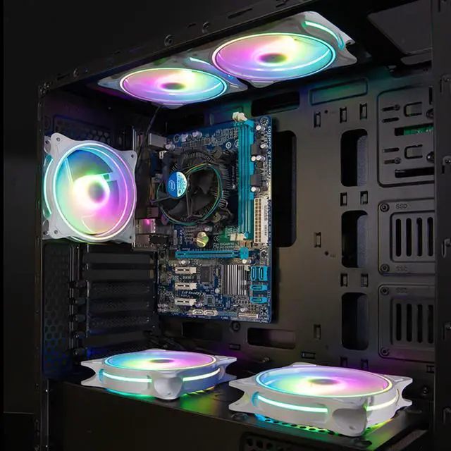 Alt view image 5 of 7 - PANO-MOUNTS 120mm 5V ARGB 4Pin PWM PC Computer CPU Case Cooler Fan Triple Light Loop with SATA Fan Hub 2 Ports 800-1600RPM 3-Pack White