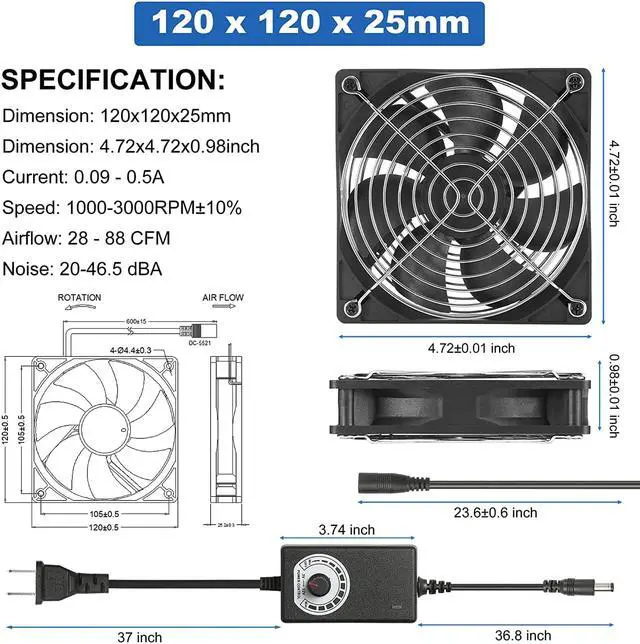 Alt view image 3 of 7 - 12V 120mmx25mm 4.72inch Moisture-Proof Small Computer Muffin Exhaust Vent Fans with 110V 120V 220V Speed Controller 3V-12V Variable Speed 1000-3000RPM